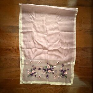 Sheer Embroidered Floral Scarf Pink Purple Silk Wool Blend